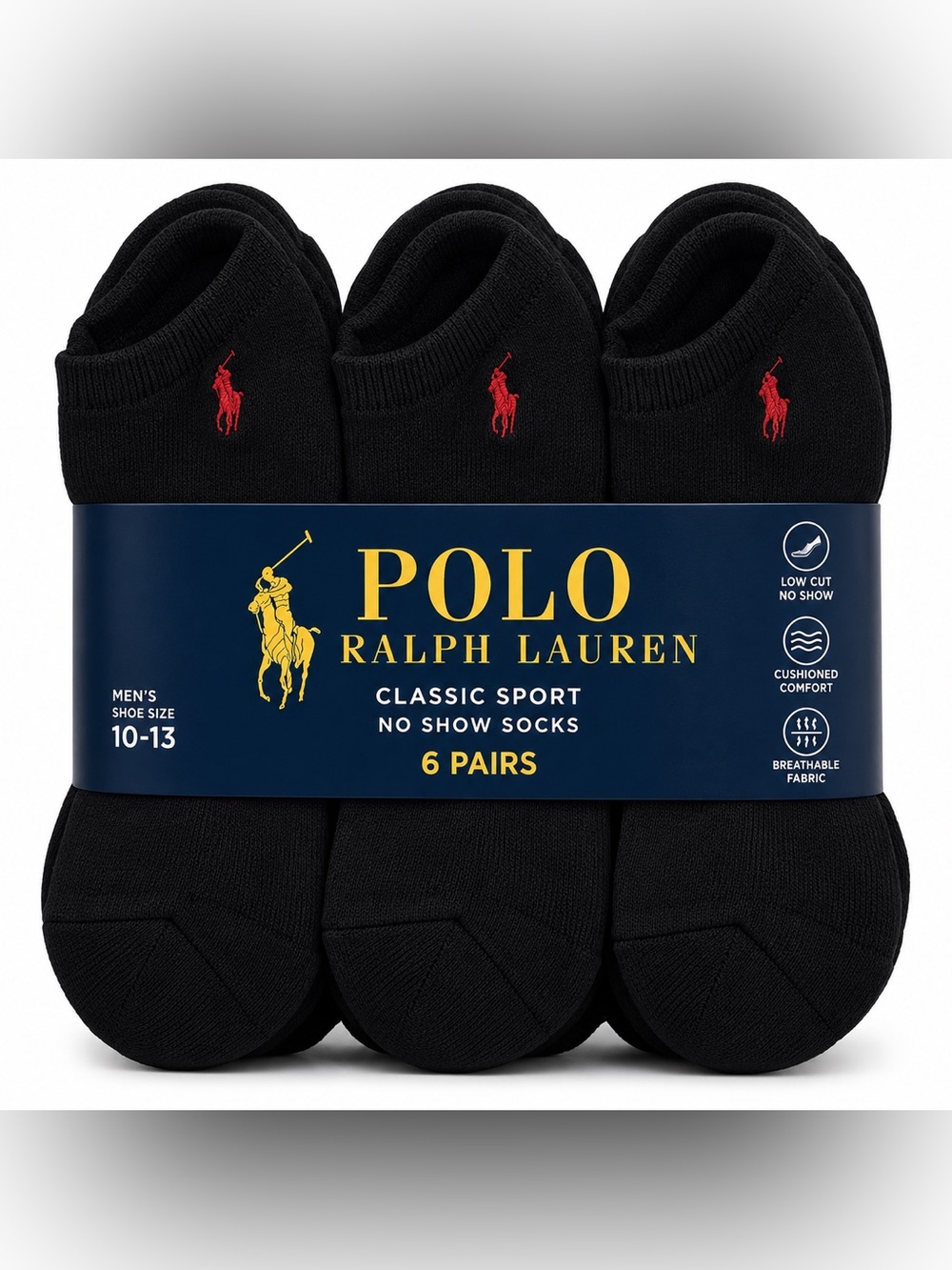 Polo Ralph Lauren Classic Sport No Show Socks 6 Pack Black Men’s 10-13